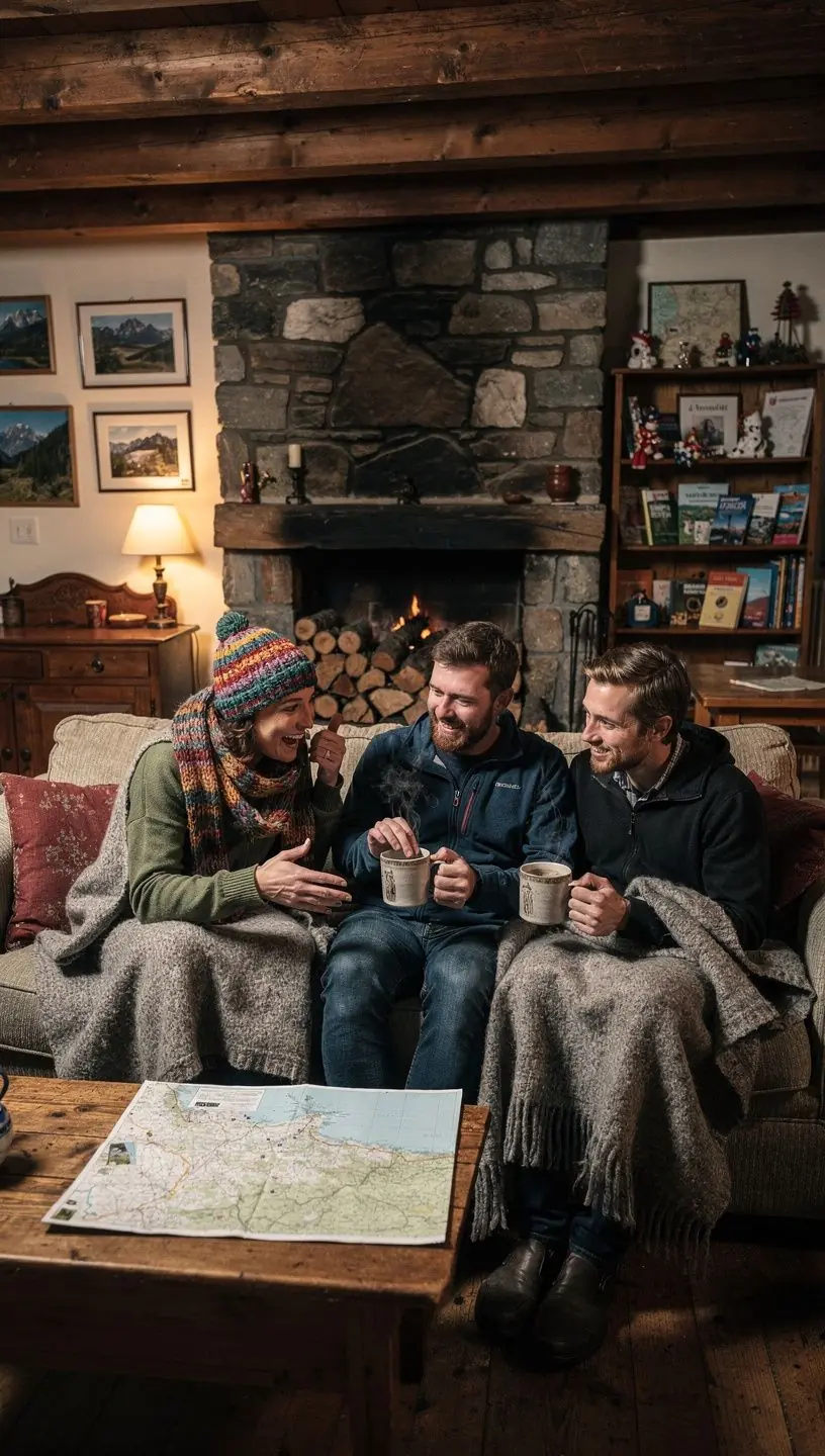 Mapy i broszury turystyczne rozłożone na stole w biurze podróży.