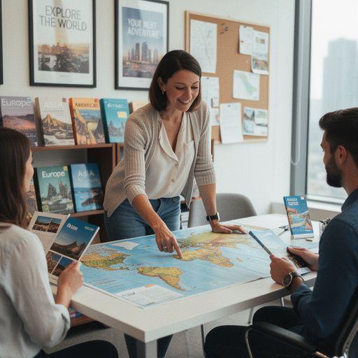 Zespół specjalistów omawiających szczegóły trasy w biurze podróży.